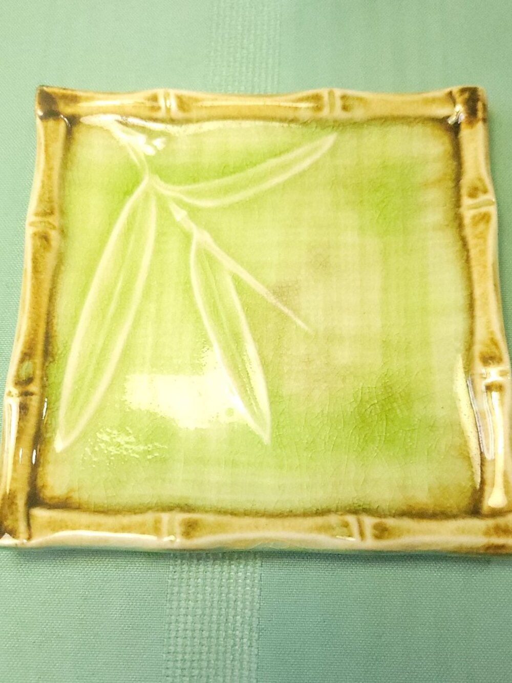 Japan Celadon Green Ceramic Square Faux Bamboo Trinket Dish Plate Circa 1970s